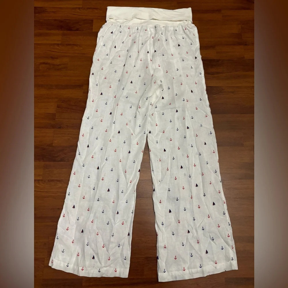 For Cynthia Beachwear 100% Linen Wide Leg Pants White Nautical Boho Size Medium - Picture 10 of 12